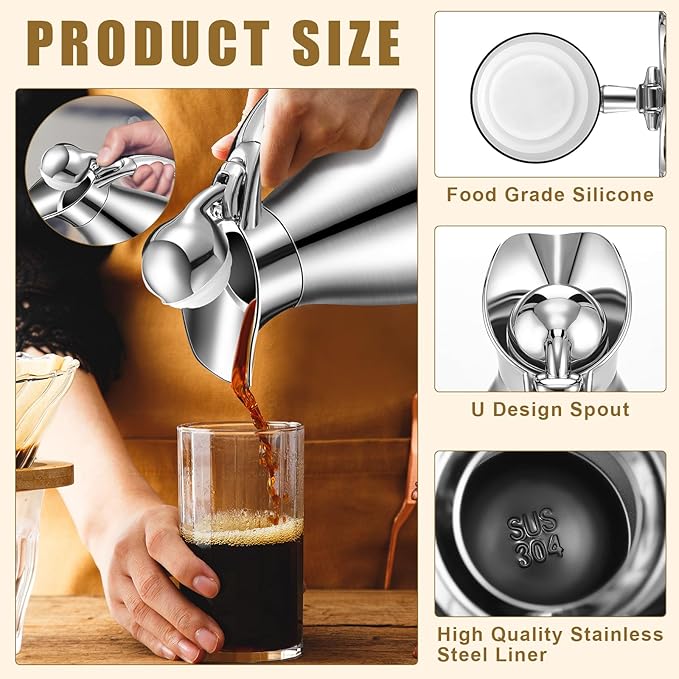 Uiifan 2 Pcs 68 oz Thermal Coffee Carafe Insulated Stainless Steel Coffee Carafe for Hot Liquids Vacuum Thermal Pot Creamer Dispenser with Brushes Keeping Hot Tea Milk Water(Silver)