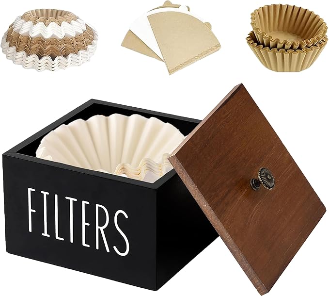 Coffee Filter Holder, Wooden Coffee Filter Container Coffee Filter Storage with Lid, Rustic Coffee Filter Dispenser Basket for Coffee Bar Decor, Farmhouse Coffee Bar Accessories (Black)