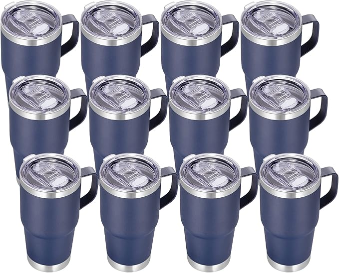 VEGOND 20 oz Tumbler Bulk with Handle Lid and Straw, Stainless Steel Insulated Travel Coffee Mug Set, Spill Proof Double Wall Metal Tumblers Cups, Powder Color Navy Blue 12 Pack