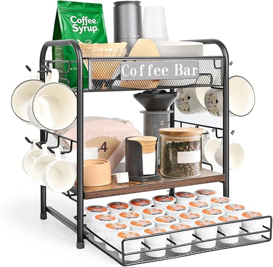 Coffee Bar Organizer, Station Mug Holder for Countertop, Multi-Functional 3 Tier Coffee Cup Tree Rack for Kitchen, Storage Shelf with 10 Hooks, K Cup Pod Drawer for Home Office