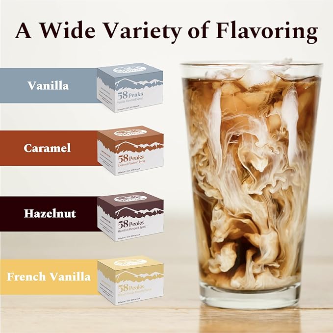 58Peaks Variety Pack of Flavored Syrup Sweetener Packets for Hot and Cold Drinks | To-Go Flavoring for Coffee, Tea, Milkshake and More | Vanilla, Caramel, French Vanilla & Hazelnut | 15mL | 20-Pack