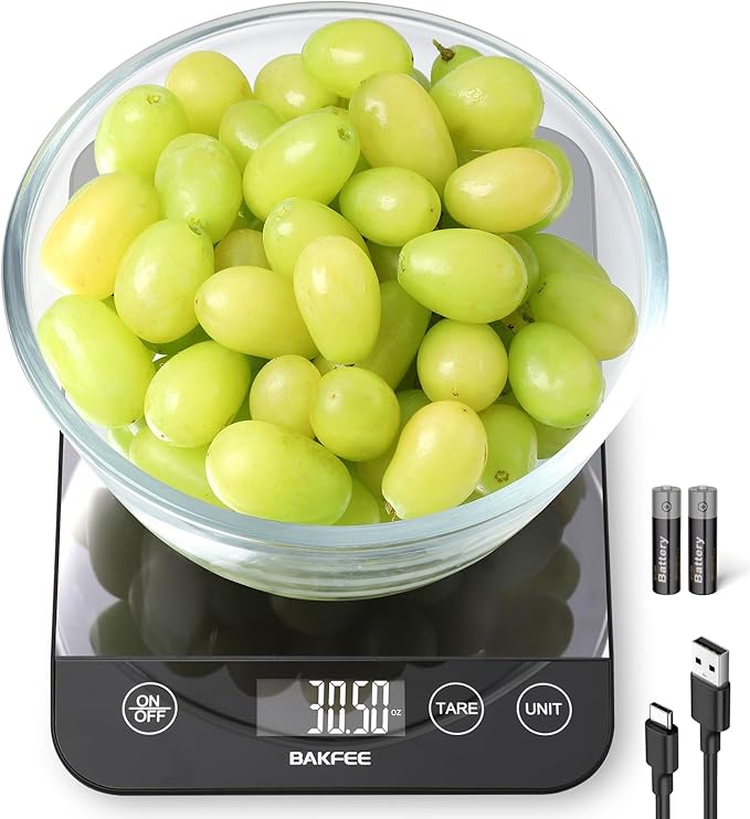 33LB Digital Kitchen Scale, Food Scale Rechargeable with Tempered Glass, Grams and Ounces, USB Charging, 1g High Accuracy for Baking, Cooking, Food BK807 Grey