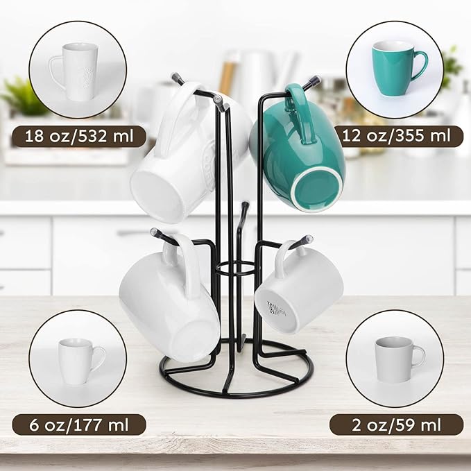 HULISEN Mug Tree for Large Cups, Counter Coffee Mug Holder with 6 Hooks, Metal Coffee Cup Holder Tree, Standing Rack for Countertop, Kitchen Counter Decor, Black