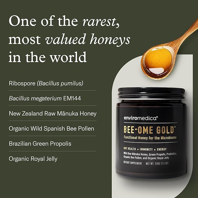 Bee-Ome Gold by Enviromedica - Unpasteurized Raw Manuka Honey with Probiotics, Royal Jelly, Bee Pollen & Propolis, Functional Superfood Honey, 7.4oz