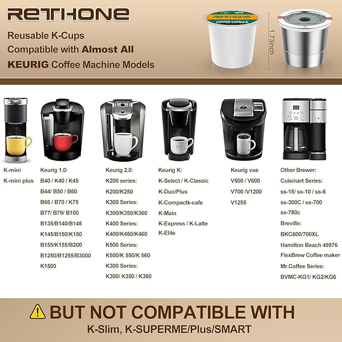 RETHONE Reusable K Cups and Coffee Pods for Keurig 1.0 & 2.0 Coffee Maker Stainless Steel Coffee Filter(2 pack)