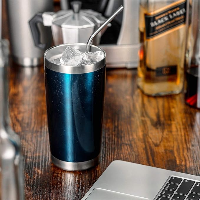 COMOOO 20oz Double Wall Vacuum Insulated Travel Mug, Stainless Steel Tumbler with Lid and Straw Durable Powder Coated Insulated Coffee Cup for Cold & Hot Drinks (Peacock Blue. 2 pack