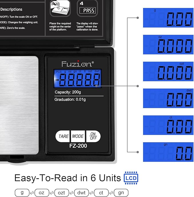 Fuzion Digital Pocket Scale, 200g/0.01g Gram Scale, Mini Scale Grams, Small Digital Scale, Small Food Scale, Jewelry Scale, Precision Scale with Tare, LCD