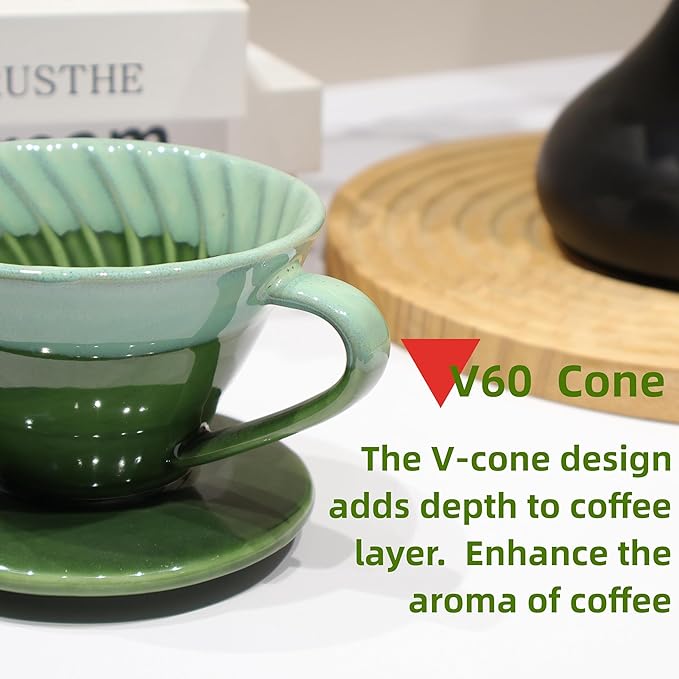Ceramic Pour Over Coffee Dripper with 50 pcs V60 coffee filters - Portable Drip Coffee Brewer for Travel, Camping, Office or Home - Artisanal Pottery Gift for Enthusiasts