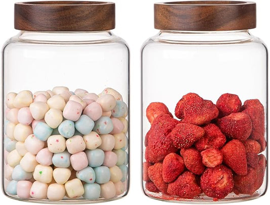 Large Glass Coffee Jars 60 oz /1800ml, Round Storage Canister with Wooden Lid Clear Glass Food Jar for Pantry Sugar Tea Coffee Bean Spice Nuts Cookies Bath Salts (1800ml/60oz-2PACK)