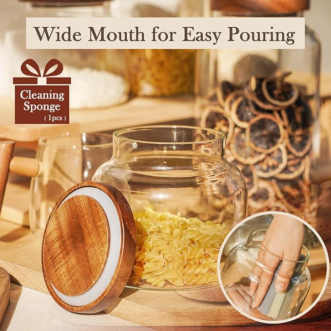 Labina Glass Storage Container Airtight Food Jars Kitchen Canister with Wood Lids, 47 Oz Wide Mouth Pantry Organization Glass Jar for Flour, Sugar, Cookie, Spagetti, Nuts and Candy (2 Pack)