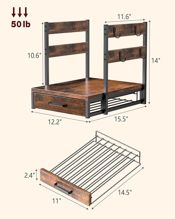 Evermagin Coffee Pod Drawer Compatible with Nespresso Original Line, 63 Pods Coffee Organizer with Cup Holder, Durable Coffee Maker Stand with Storage Drawer, Rustic Brown