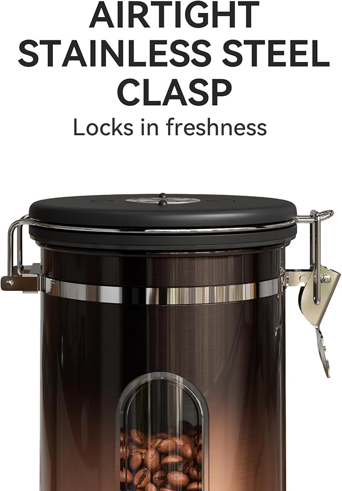 Veken Coffee Canister with Window,Airtight Stainless Steel Kitchen Food Storage Container, Date Tracker & Scoop for Grounds Coffee, Beans, Tea,Flour,Cereal,Sugar,22OZ,Copper