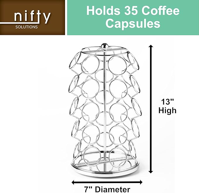 Nifty K Cup Holder – Compatible with K-Cups, Coffee Pod Carousel | 35 K Cup Holder, Spins 360-Degrees, Lazy Susan Platform, Modern Chrome Design, Home or Office Kitchen Counter Organizer