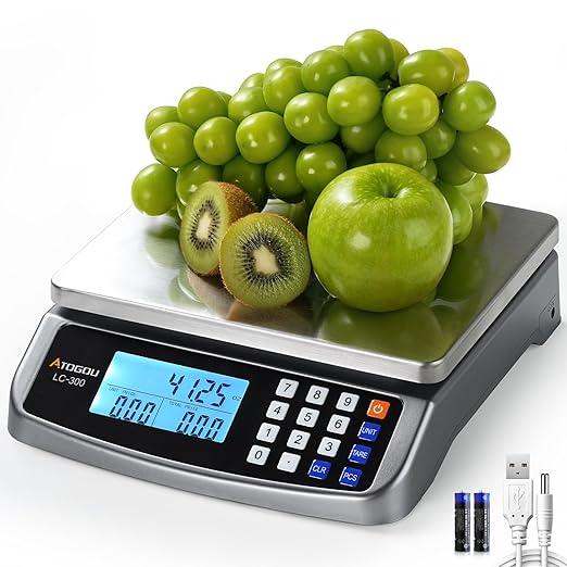 110lb Food Scale, Commercial Kitchen Scale with Price Computing, Plug-in Usable, 0.05oz/1g, 304 Stainless Steel, for Cooking, Vegetables, Farm, Industry, Counting. LC300 Grey