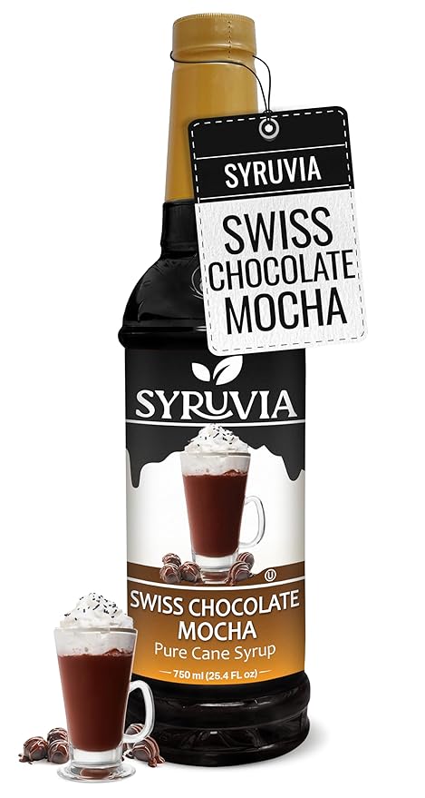 Syruvia Coffee Syrup, Swiss Chocolate Mocha Flavored Syrup for Drinks, Lattes, and Desserts – 25.4 fl oz,