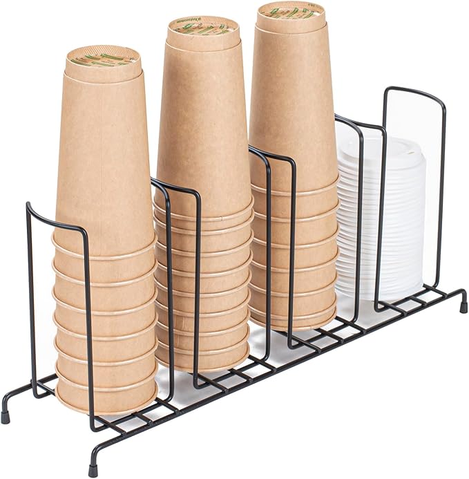Restaurantware Restpresso 18.5 Inch x 5 Inch x 8.5 Inch Coffee Cup Organizer 1 4-Section Cup And Lid Organizer - Wire Design Compact Black Iron Wire Cup Dispenser For Countertops And Storage