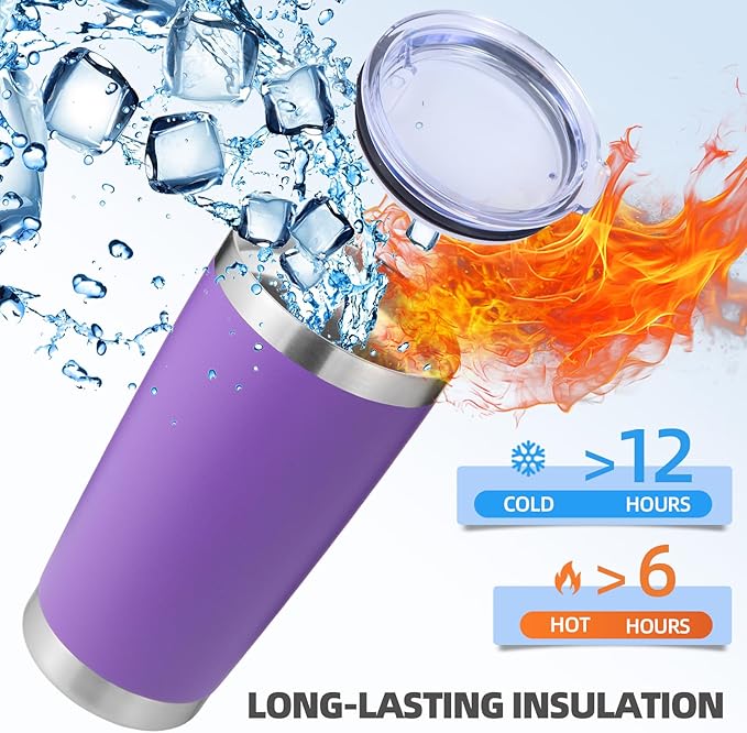 Volhoply 20oz Stainless Steel Tumbler with Lid and Straw Bulk 4 Pack,Double Wall Insulated Travel Iced Coffee Mug Fits Cup holder,Powder Coated Cups for Hot/Cold Drinks,Gifts for Women（Purple,4 Set）