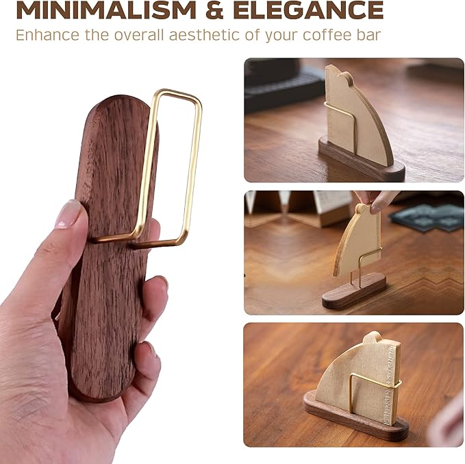 Coffee Filter Holder Storage, Wood & Brass Rack Coffee Filter Container for Coffee Bar/Home/Office, Compatible with #1/#2/#4/V60 Coffee Filter