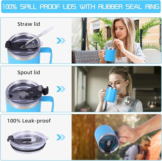 Volhoply 12oz Insulated Leakproof Coffee Mug with Flip & Straw Lid Bulk 8 Pack,Double Wall Vacuum Stainless Steel Travel Tumbler Cup with Handle,Reusable Camping Keep Cold/Hot(Blue,8 Set)