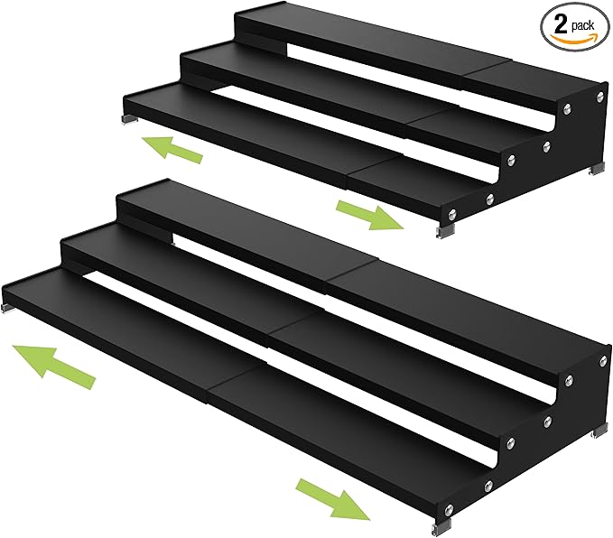 Spice Rack Organizer for Cabinet, 3 Tier Expandable Spices Storage, Great for Kitchen Cabinets, Cupboard,Pantry and Countertop More 2 Packs/Black