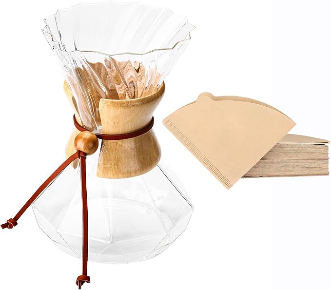Pour Over Coffee Maker, 19 oz Borosilicate Glass Coffee Carafe with 100 PCS Paper Filter, Wooden Collar & Cowhide rope, Glass Coffee dripper (Clear, 550 ml)