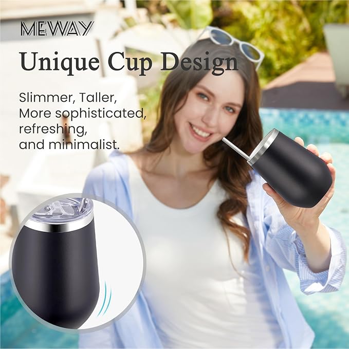 MEWAY 12oz Insulated Wine Tumbler with Press-In Lid, Double Wall Vacuum Stainless Steel Travel Tumbler with Straw,Travel Cup for Coffee and Drinks, Gift for Woman Under 10 dollars(Black,Set of 8)