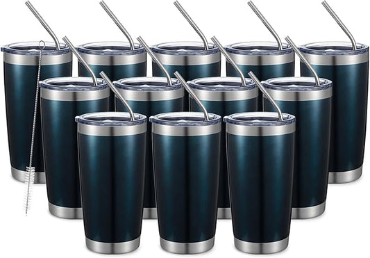 COMOOO 20oz Double Wall Vacuum Insulated Travel Mug Bulk Stainless Steel Tumbler with Lid and Straw Durable Powder Coated Insulated Coffee Cup for Cold & Hot Drinks (Peacock blue, 12 pack