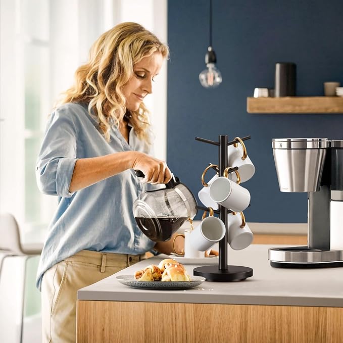 Coffee Mug Holder Tree, Upgraded 360° Rotated Cup Holder for Counter, Wood Mug Rack with 6 Hooks, Coffee Mug Organizer Station, Mug Stand Bar Accessories, Black