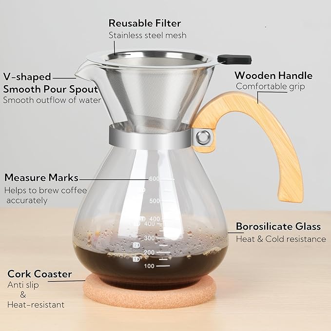 Pour Over Coffee Maker Set, with Double-Layer Stainless Filter and Wooden Handle, 20 oz 600ml Thickened Borosilicate Glass Pour Over Coffee Dripper for Home Café