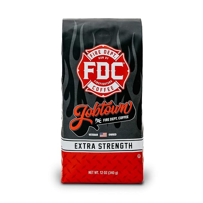 Fire Department Coffee - Gives Back to Firefighters - Jobtown Extra Strength Ground Coffee - Rich & Bold Dark Roast - Roasted in the USA - Veteran Owned - 12 oz