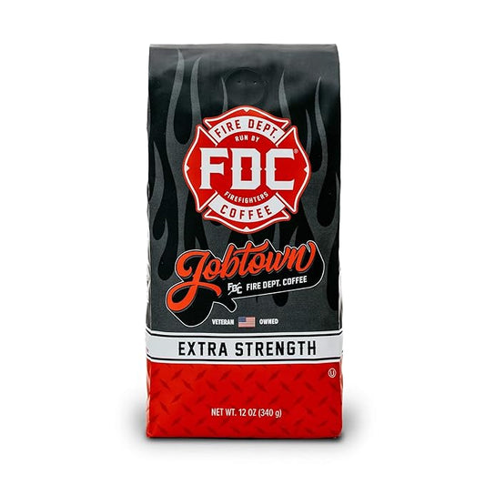 Fire Department Coffee - Gives Back to Firefighters - Jobtown Extra Strength Ground Coffee - Rich & Bold Dark Roast - Roasted in the USA - Veteran Owned - 12 oz