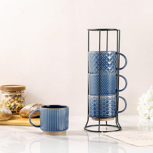 GBHOME 12OZ Stackable Coffee Mugs with Stand, Ceramic Coffee Mugs with Texture Patterns for Man,Woman,Dad,Mom, Modern Coffee Cups Set of 4 for Latte/Cappuccino/Cocoa. Dishwasher&Microwave Safe, Blue