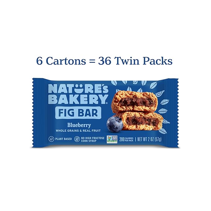Nature’s Bakery Whole Wheat Fig Bars, Blueberry, Real Fruit, Vegan, Non-GMO, Snack bar, 6 Count (Pack of 6)