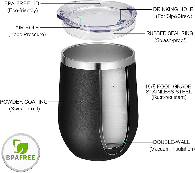 VEGOND Wine Tumblers Bulk 12 Pack, 12oz Stainless Steel Stemless Wine Glass with Lids and Straws, Double Wall Vacuum Insulated Tumbler Cup, Coffee Mug for Cold Hot Drinks