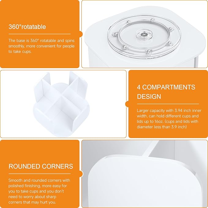 Beego Rotatable 4-Compartment White Acrylic Cup Dispenser - Coffee Station Cup and Lid Carousel Countertop Plastic Cup Holder for Restaurant Breakroom Coffee Bar