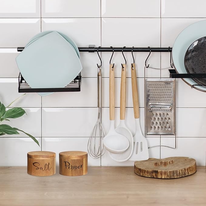 Acacia Wood Spice Box with Swivel Cover for Kitchen Countertop,Salt Keeper with Built-in Spoon,Modern Farmhouse Kitchen Decoror for Storing Seasonings (Labeled Salt & Pepper)