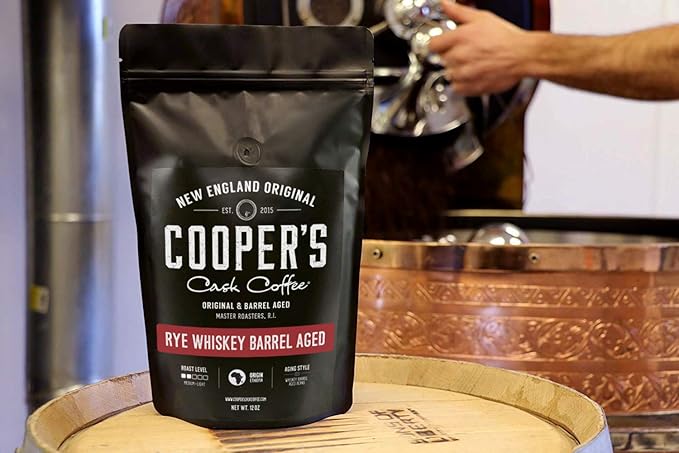 Rye Whiskey Barrel Aged Coffee, Single Origin Ethiopian Coffee Raw Beans Aged in Rye Whiskey Casks, Freshly Roasted, Battle Cry Whiskey, 5lb Bags, Ground