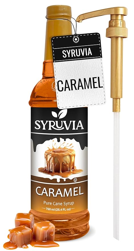 Syruvia Coffee Syrup, Caramel Flavored Syrup for Drinks, Lattes, and Desserts – 25.4 fl oz, With Pump