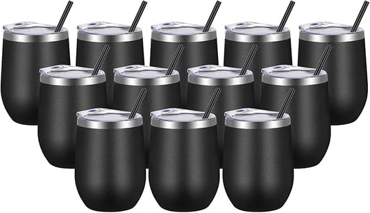 VEGOND Wine Tumblers Bulk 12 Pack, 12oz Stainless Steel Stemless Wine Glass with Lids and Straws, Double Wall Vacuum Insulated Tumbler Cup, Coffee Mug for Cold Hot Drinks