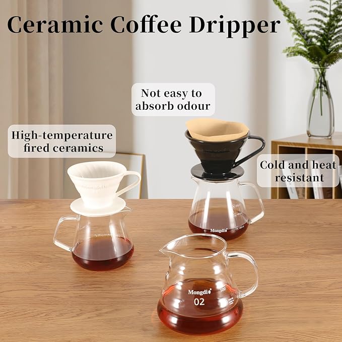 Mongdio V60 Ceramic Pour Over Coffee Dripper, Reusable Porcelain Portable Pour Over Coffee Maker, Slow Brewing Accessories with 1 Holes for Home - Size 02 Black