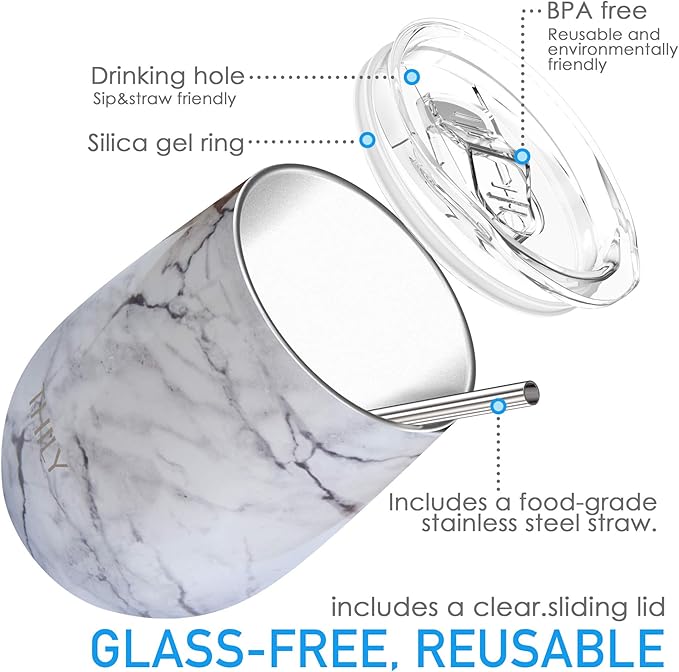 THILY Stainless Steel Stemless Wine Tumbler 4 Pack Vacuum Insulated Travel Wine Glasses Set with Sliding Lids and Straws, Keep Cold for Juice, Cocktails, Beer, Party, Christmas Gift, White Marble