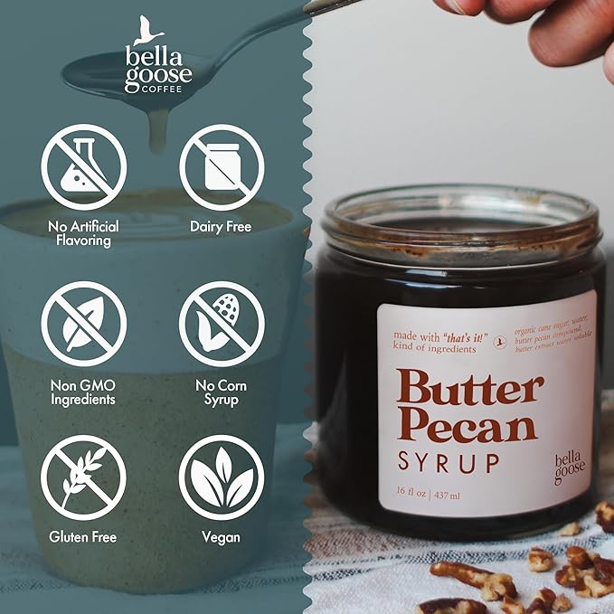 Bella Goose Butter Pecan Coffee Syrup Jar (16oz) - Homemade Pure Cane Sugar Syrup for Lattes, Matcha, Desserts - Clean Ingredient - No Artificial Flavors - Syrups for Coffee Drinks
