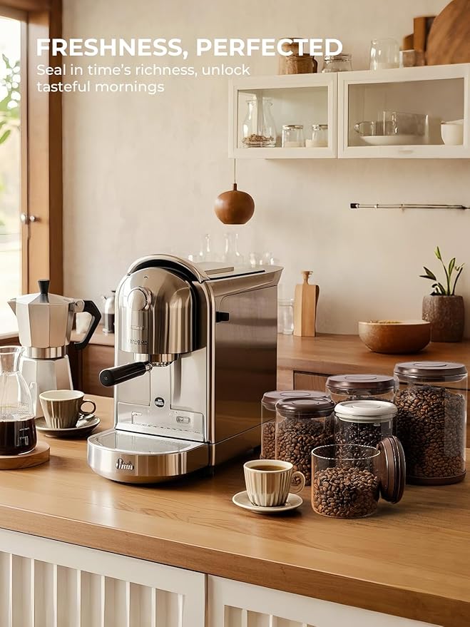 Borosilicate Glass Coffee Jar 600 ml – Pop Top Airtight Coffee Canister with CO2-Release Valve, 7 oz Coffee Container for Ground Coffee