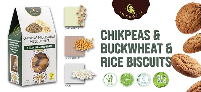 Ambrozia Vegan Snack Biscuits – Chickpeas, Buckwheat &Rice - Soft Baked, No Added Sugar, Clean Label, High Fiber & Wholesome Ingredients, Kid-Friendly, Healthy Snacks for Active Lifestyles, 4 x 4.58Oz