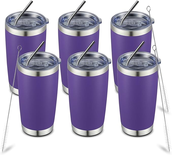 COMOOO 20oz Stainless Steel Tumbler with Lid and Straw, Double Wall Vacuum Insulated Travel Mug, Durable Powder Coated Insulated Coffee Cup for Cold & Hot Drinks Purple, 6 Pack