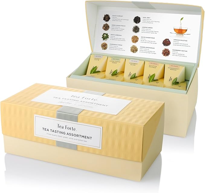 Tea Forté TEA TASTING ASSORTMENT Presentation Box Tea Sampler, Assorted Variety Tea Box, 20 Handcrafted Pyramid Tea Infuser Bags – Black Tea, White Tea, Green Tea, Herbal Tea
