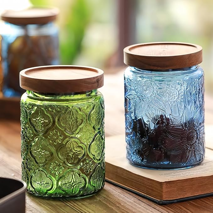 Set of 2 Vintage Glass Jars, Green Glass Storage Jars with Lids (23.7 oz) for Kitchen, Pantry, Candy, Flour, Oatmeal, Coffee Beans, Pet Food, Laundry Detergent, Cute Jar (Green&Blue 2, 23.7 Ounces)