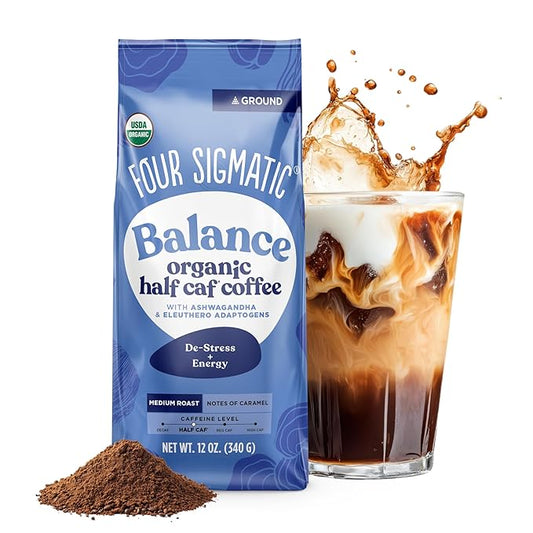 Four Sigmatic Organic Balance Adaptogen Ground Coffee | Medium Roast USDA Organic Coffee with Ashwagandha, Chaga Mushroom, Eleuthero and Tulsi for Focus and Energy Boosting | 12oz Bag