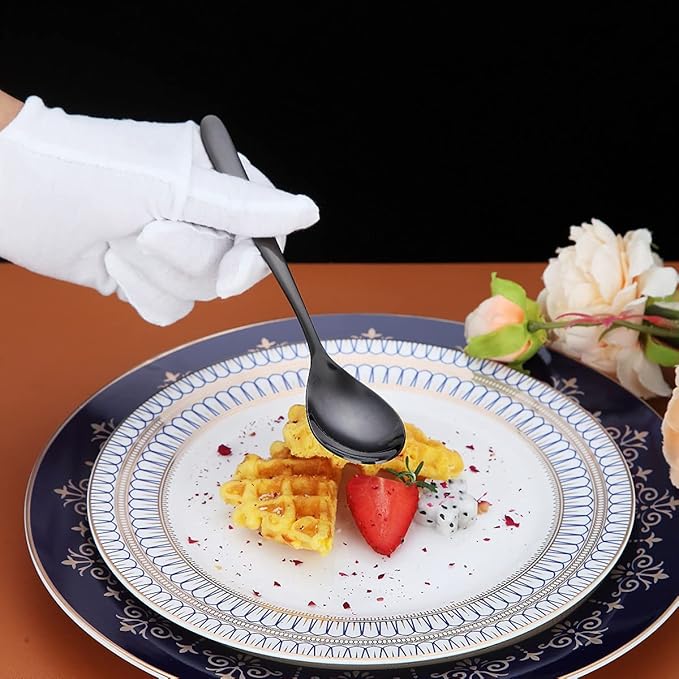 Black Dinner Spoons 6 Piece, 8.1'' Stainless Steel Tablespoons, Soup and Dessert Spoons, Silverware for Home, Kitchen or Restaurant, Dishwasher Safe