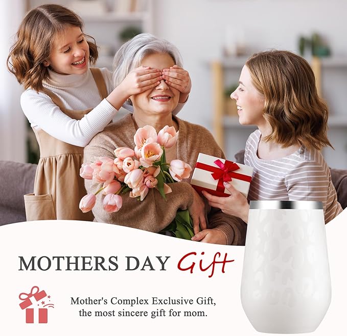 MEWAY 12oz Insulated Wine Tumbler Bulk, Double Wall Vacuum Stainless Steel Travel Tumbler with Straw,Travel wine tumbler, 4 pack of wine tumbler glasses(Almond Leopard,Set of 4)